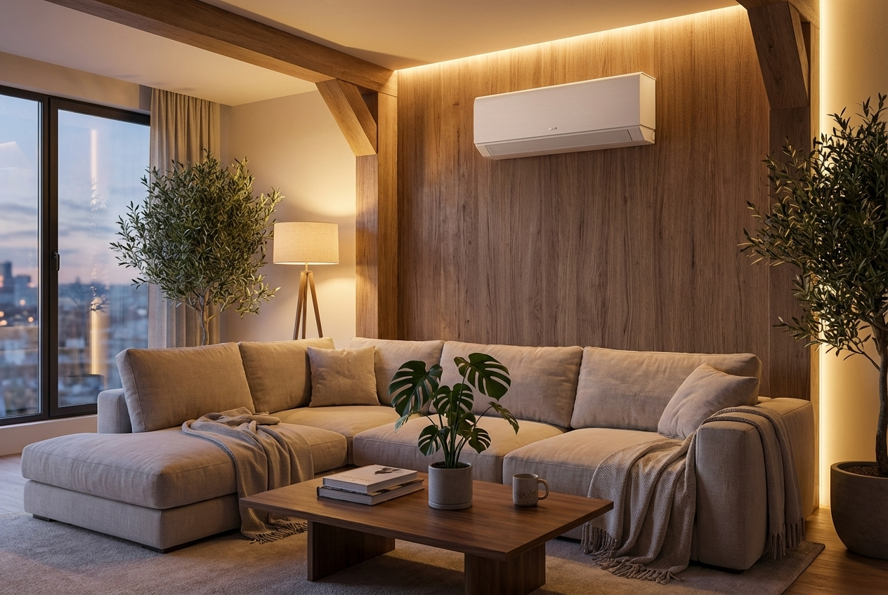 Designová klimatizace v moderním obývacím pokoji – interiér s nábytkem, teplé světlo, příjemná atmosféra.